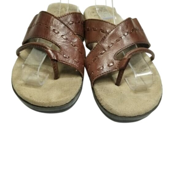 Dr. Scholls Brown Leather Slip-On Sandals Size 7 Cushioned Sole Stitch Detail - Picture 3 of 12